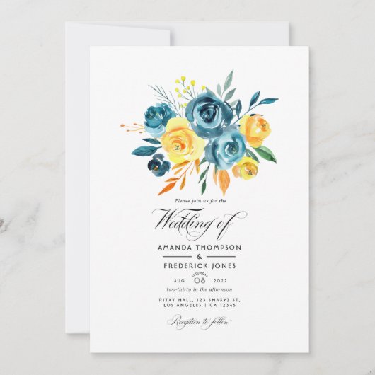 Invitation Mariage floral turquoise et jaune (Devant)