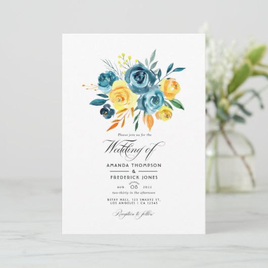 Invitation Mariage floral turquoise et jaune (Debout devant)