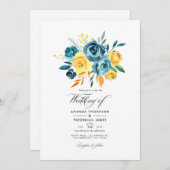 Invitation Mariage floral turquoise et jaune (Devant / Derrière)