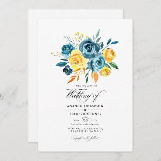 Invitation Mariage floral turquoise et jaune (Devant / Derrière)