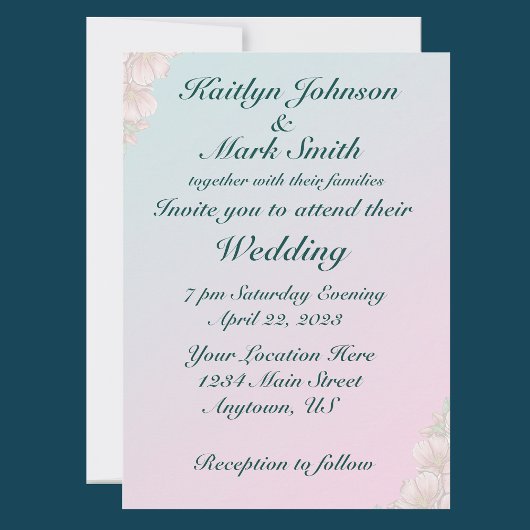 Invitation Mariage Floral Turquoise et Rose clair