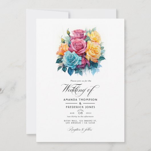 Invitation Mariage floral turquoise, jaune et rose (Devant)