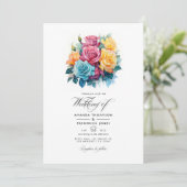 Invitation Mariage floral turquoise, jaune et rose (Debout devant)