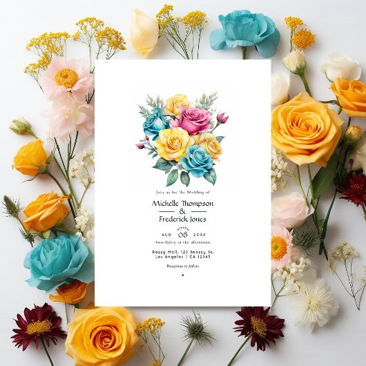 Invitation Mariage floral turquoise, jaune et rose
