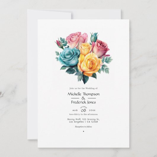 Invitation Mariage floral turquoise, jaune et rose (Devant)