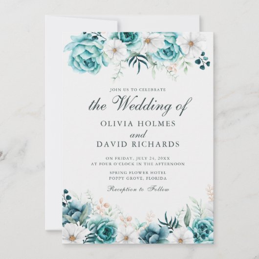 Invitation Mariage floral Turquoise non blanc moderne (Devant)