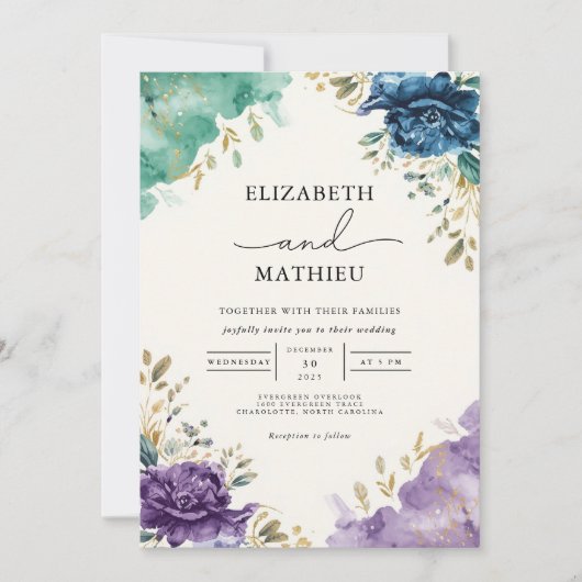 Invitation Mariage Floral Turquoise profond (Devant)