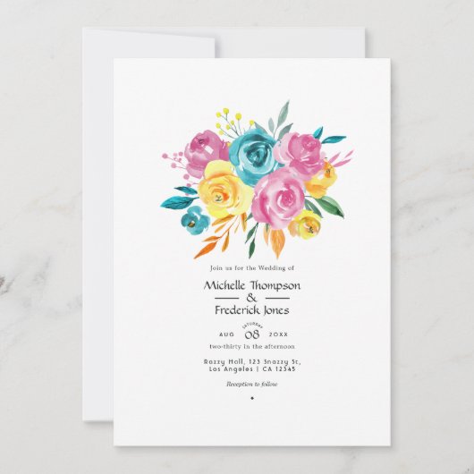 Invitation Mariage floral turquoise, rose et jaune (Devant)