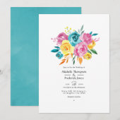 Invitation Mariage floral turquoise, rose et jaune (Devant / Derrière)