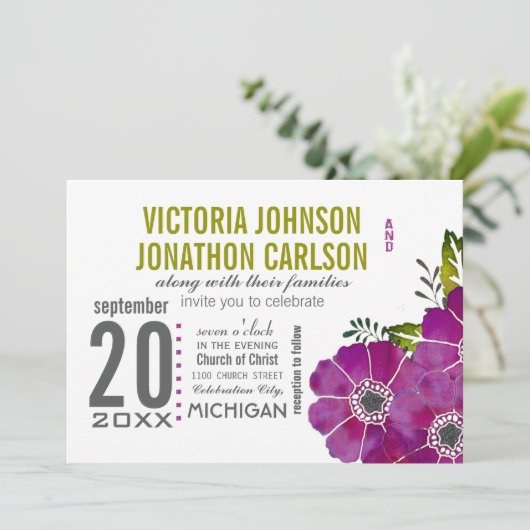 Invitation Mariage Floral Typographie Violet et Choux Vert (Debout devant)