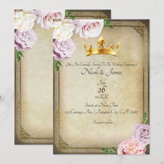 Invitation Mariage Floral Végétal Couronne Or Royal Ancien (Devant / Derrière)