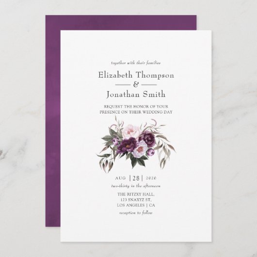 Invitation Mariage floral velours profond (Devant / Derrière)