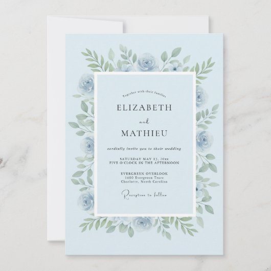 Invitation Mariage Floral Verdoyant Bleu Clair (Devant)