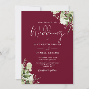 Invitation Mariage floral verdoyant en bordeaux tout-en-un