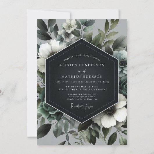 Invitation Mariage Floral Vert Ardoise (Devant)