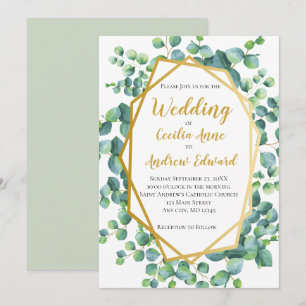 Invitation Mariage floral vert au cadre doré et eucalyptus