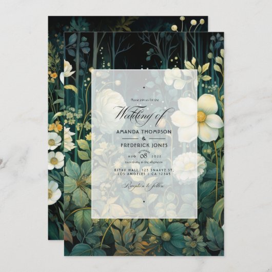 Invitation Mariage floral vert, blanc et or (Devant / Derrière)