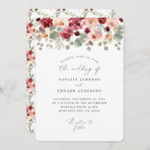 Invitation Mariage floral vert bordeaux (Devant / Derrière)