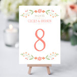 Invitation Mariage floral vert de corail rustique Numéro de t<br><div class="desc">Les cartes de numéro de table Rustique chic mariage ont un cadre floral symétrique de jolies pêches, rose vif, corail et nectarine orangé fleurs et feuilles botaniques vert doux avec look dessiné à la main qui encadrent le design, et arrière - plan avec un aspect texturé tressé subtil et élégant....</div>