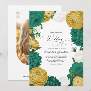 Invitation Mariage floral vert émeraude, blanc et or