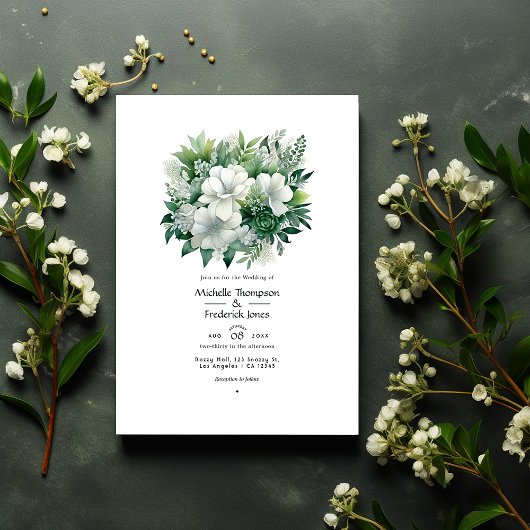 Invitation Mariage Floral Vert Émeraude et Argent