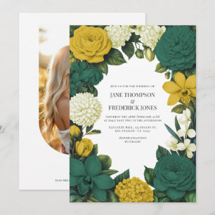 Invitation Mariage floral vert émeraude, or et ivoire