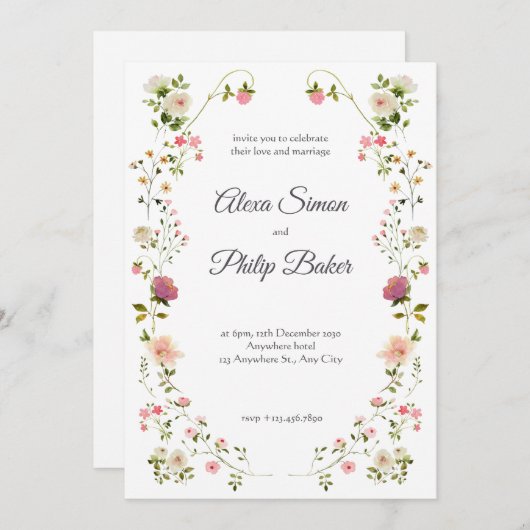 Invitation Mariage floral vert et blanc (Devant / Derrière)