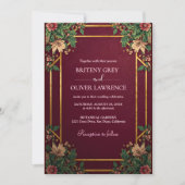 Invitation Mariage floral vert et bordeaux géométrique or (Devant)