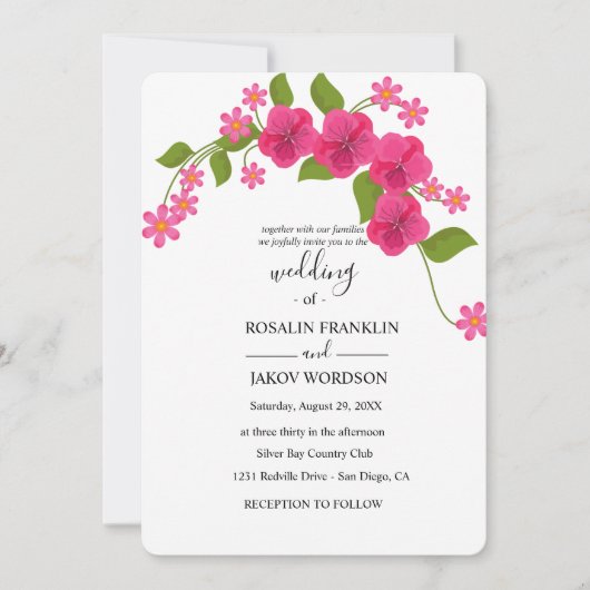 Invitation mariage floral vert et magenta clair (Devant)