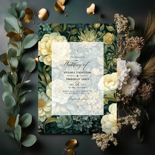 Invitation Mariage floral vert foncé, crème et or