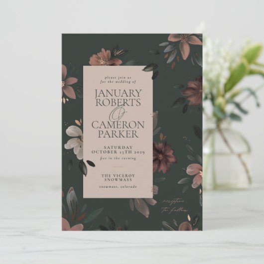 Invitation Mariage floral vert foncé de la forêt e (Debout devant)