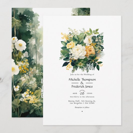 Invitation Mariage floral vert forêt, blanc et or (Devant / Derrière)