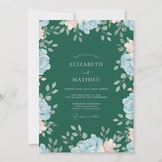 Invitation Mariage Floral Vert Forêt Bleu (Devant)