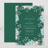 Invitation Mariage Floral Vert Forêt Bleu (Devant / Derrière)