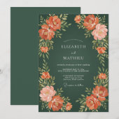 Invitation Mariage Floral Vert Forêt et Pêche (Devant / Derrière)