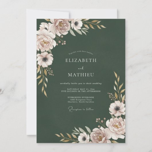 Invitation Mariage Floral Vert Forêt et Rose (Devant)