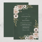 Invitation Mariage Floral Vert Forêt et Rose (Devant / Derrière)