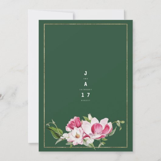 Invitation Mariage Floral Vert Forêt Rose or moderne (Dos)