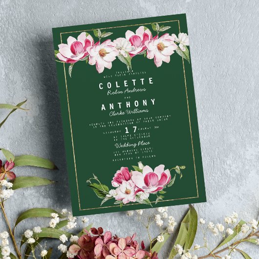 Invitation Mariage Floral Vert Forêt Rose or moderne