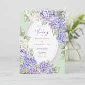 Invitation Mariage floral vert hydrangeas blancs violets (Debout devant)