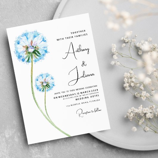 Invitation Mariage floral vert lilas bleu botanique