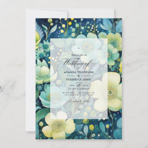 Invitation Mariage floral vert, marine, bleu pâle et or