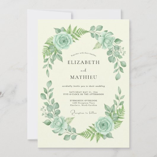 Invitation Mariage Floral Vert Menthe (Devant)