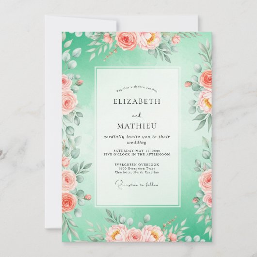 Invitation Mariage Floral Vert Menthe (Devant)