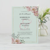 Invitation Mariage floral vert menthe or rose aquarelle (Debout devant)