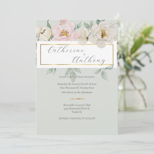 Invitation Mariage floral vert moderne (Debout devant)