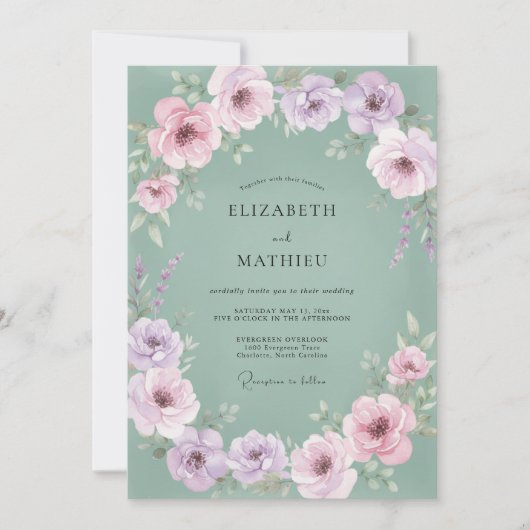 Invitation Mariage Floral Vert Pâle Lavande (Devant)