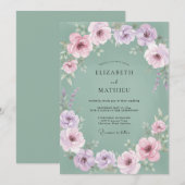 Invitation Mariage Floral Vert Pâle Lavande (Devant / Derrière)