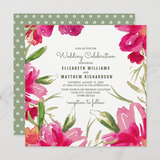 Invitation Mariage floral vert romantique Fuchsia (Devant / Derrière)