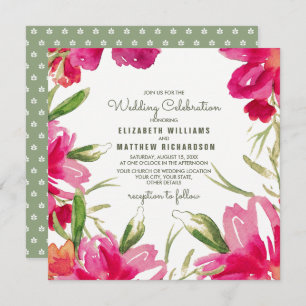 Invitation Mariage floral vert romantique Fuchsia